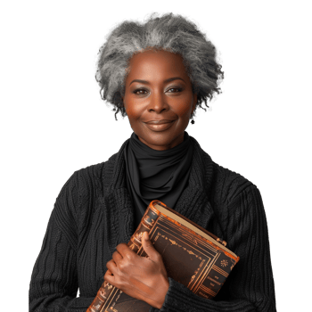 Senior black woman holding a book, isolated on transparent png