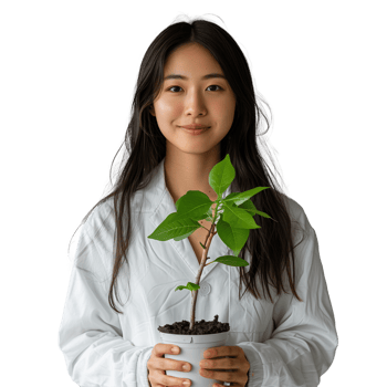 Young woman smiling and holding a potted plant png
