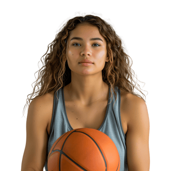 Confident female athlete posing with basketball on transparent background png