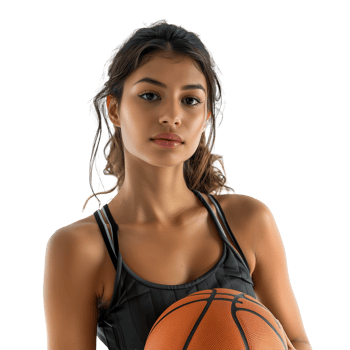 Young female athlete holding a basketball on a transparent background png