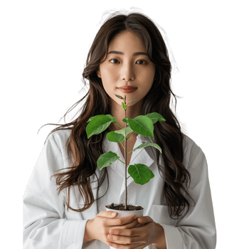 Young woman in white holding a potted plant with a gentle smile png