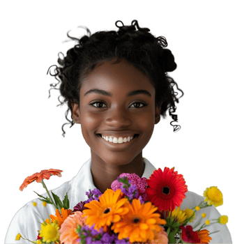 Young woman with a vibrant bouquet of colorful flowers png