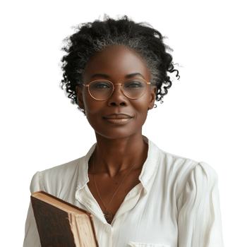 Elegant woman in glasses holds an old book confidently png