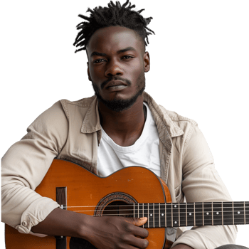 Serious male musician holding acoustic guitar on transparent background png