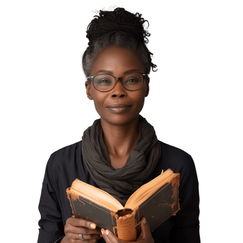 Confident African American woman reading an old book png