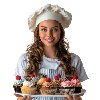 Young female chef presenting assorted delicious cupcakes png