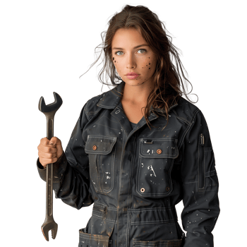 Confident woman mechanic holding a wrench on transparent background png