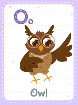 Alphabet printable flashcard with letter O. Cartoon cute owl bird picture and english word on flash card for children education. School memory cards for kindergarten kids flat illustration. vector