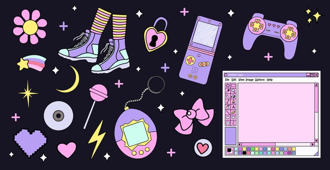 Kawaii elements set Y2k vaporwave style vector