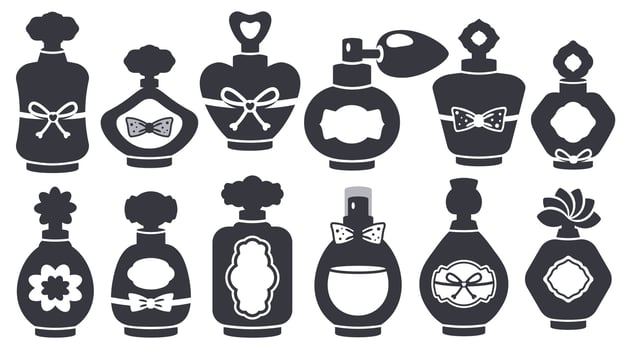 Set of parfume bottles isolated. Aroma essence in different glass packages. Perfume silhouette. Elegant shape, label, ribbon. Hand drawn design for logo, cosmetic industry. vector