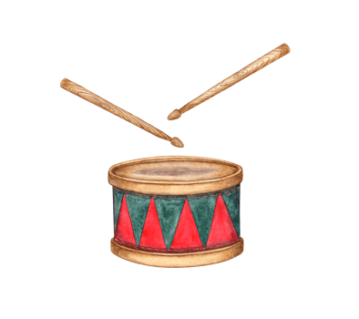 Watercolor illustration of a red and green drum and stick isolated from the background. Musical instrument on the theme of music, hobby, learning. For the design of a postcard, poster, book cover, png