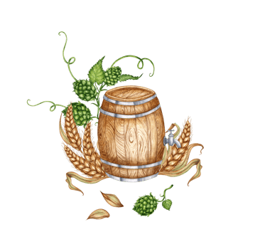 Watercolor illustration of a wooden barrel with hops, ears of wheat for beer and other alcoholic drinks. Isolated from the background. Suitable for interior design, menus, product packaging. png