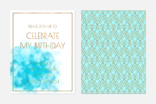 Turquoise Watercolor Invitation Design with Light Pastel Gold Cover Page vector