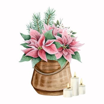 Pink poinsettia Christmas flowers in metal pot with burning candles and tree branches watercolor illustration vector