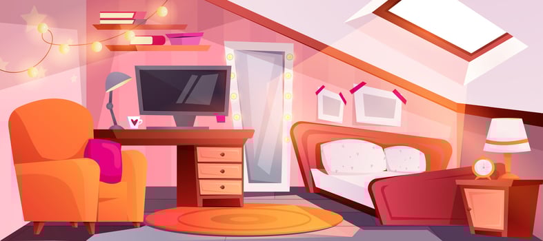 Cartoon attic interior of cozy girl bedroom with workspace for study with desk, computer and bookshelves. Mansard teenager room with bed, mirror and chair. Modern loft teen apartment under wooden roof vector