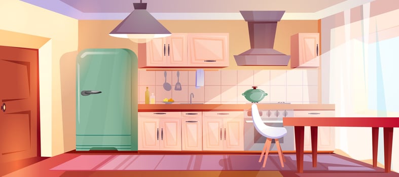 Cartoon kitchen interior with wooden retro furniture and range hood. Home cooking room with stove, fridge, cupboards and dinner table with white chair. Empty apartment inside with door and dining area vector