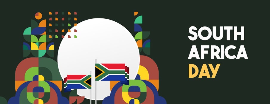 South Africa National Independence Day wide banner. Modern geometric abstract background in colorful style for South Africa day. South African Independence greeting card cover with country flag. vector