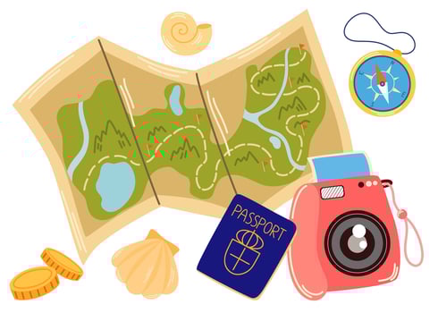 Map, camera, passport, money and compass for sea travel. Tourists stuff, things for summer tour, vacation voyage. Travelers objects. Flat illustration isolated on white background vector