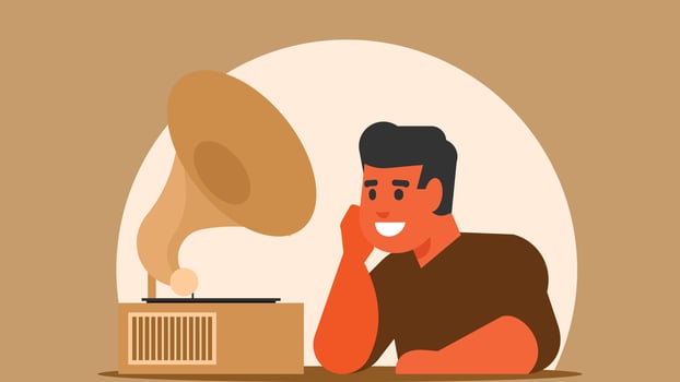 Person listening to vintage music player gramaphone illustration vector
