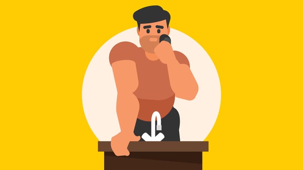 man shaving his beard in a sink in bathroom illustration vector