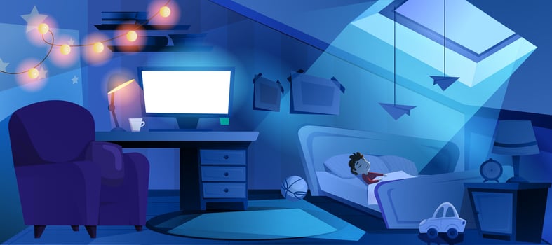 Boy sleep in bed at night room. Cartoom dark bedroom interior on attic with furniture, toys, glowing computer screen, garland and lamp. Sleeping child character under moonlight from window in roof. vector