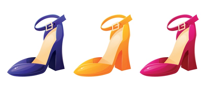 Set of fashionable elegant women's multi-colored shoes, high-heeled sandals. Collection of isolated cartoon illustration. vector