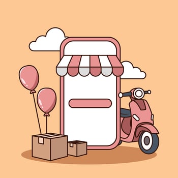 Mobile market with motorcycle and boxes balloons vector