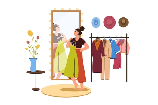Flat girl in wardrobe stand in front of big illuminated mirror and choose outfit. Young woman shopping in boutique store. Female character hold dress. Clothes and accessories hang on floor hanger. vector