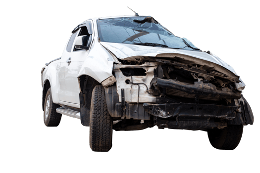 Front and side of white pickup car get damaged by accident on the road. damaged cars after collision. isolated on transparent background, car crash bumper on the road, broken car, File png