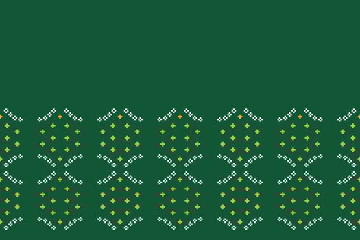 Traditional ethnic motifs ikat geometric fabric pattern cross stitch.Ikat embroidery Ethnic oriental Pixel green background. Abstract,,illustration. Texture,scarf,decoration,wallpaper. vector