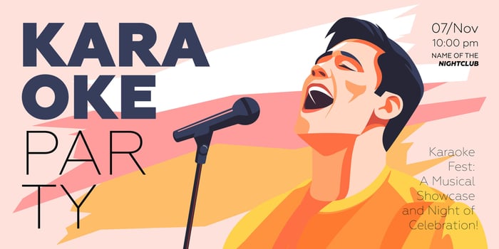 Karaoke party show horizontal banner. Music night club festival drawing art print. Man sing song into mic. Musical event artwork placard template with singing person. Trendy typography design vector