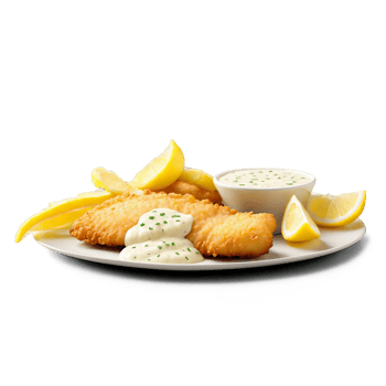 Cod fillet beer battered and deep fried to a crisp golden brown served with tartar png