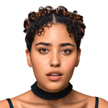 Young South American woman with curly updo and choker necklace cute face seething eyes snarling. Essence of diverse femininity. png