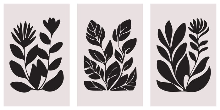 Abstract black silhouette plant and leaves wall art matisse style. vector