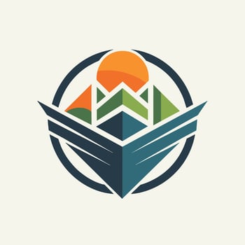 A book set against a backdrop of majestic mountains under a colorful sunset, A balanced composition using only a few elements, minimalist simple modern logo design vector