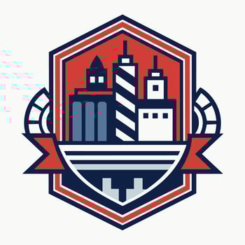 Clean emblem featuring a red, white, and blue lighthouse design, A clean and minimalist emblem for a factory production line vector