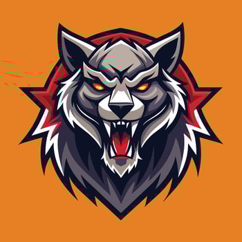 A wolfs head with intense red eyes and sharp fangs in a dynamic design, A dynamic design featuring a fierce animal mascot logo, minimalist simple modern logo design vector