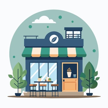 A coffee shop featuring a green awning, with a sleek minimalist logo visible, A cozy cafe with a sleek, minimalist logo and a welcoming atmosphere vector