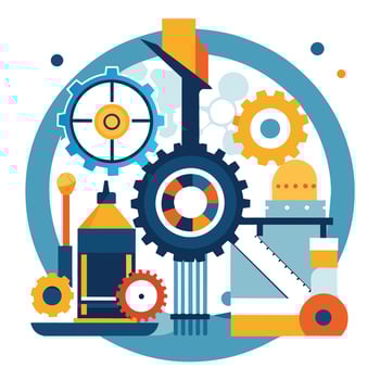 A clock featuring intricate gears, showcasing a blend of mechanics and timekeeping, A minimalist interpretation of mechanical components and manufacturing tools vector