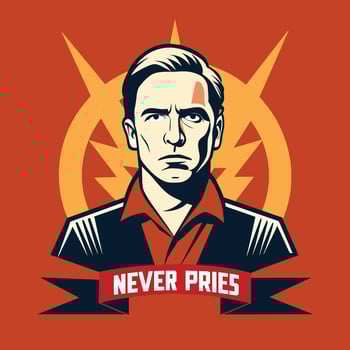 A man wearing a vibrant red shirt, A minimalist logo incorporating iconic movie quotes, minimalist simple modern logo design vector
