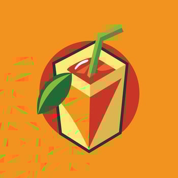 A close-up view of an orange juice box with a green leaf placed on top, against a plain background, A modern interpretation of a juice box, minimalist simple modern logo design vector
