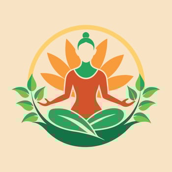 Woman in lotus position with leaves around her in a modern interpretation of interconnectedness, A modern interpretation of the interconnectedness of yoga and nature vector