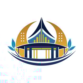 Blue and yellow logo set against a bridge backdrop, A sleek and elegant conference center offering state-of-the-art facilities vector