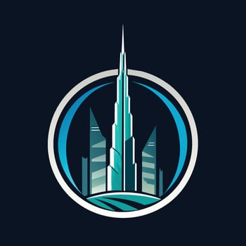 Blue and White Logo Featuring Burj Khalifa Skyscraper, A sleek representation of the Burj Khalifa in Dubai, minimalist simple modern logo design vector