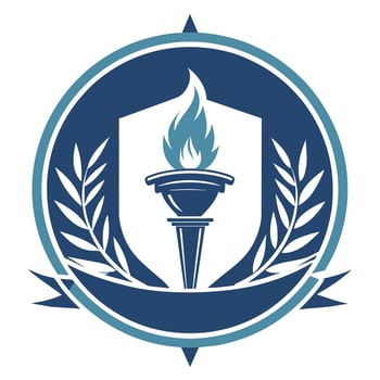 Emblem featuring blue and white colors with a torch symbol, representing a youth mentoring program, A sleek emblem for a youth mentoring program that includes a subtle torch design vector