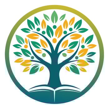 A tree with green leaves hosting a book in its branches, blending nature and literature, Create a clean and understated logo featuring a timeless font vector