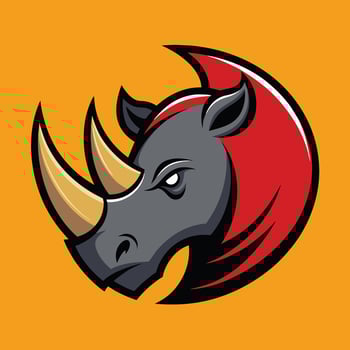 A close-up view of a rhino head set against a vibrant red and yellow background, Craft a simple, modern logo that captures the essence of a rhinoceros vector