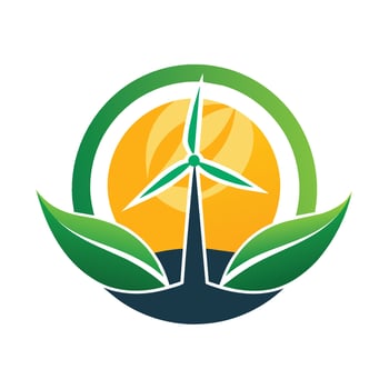 A green leaf alongside a wind turbine logo, symbolizing renewable energy and sustainability, Design a logo that reflects the idea of renewable energy in a sleek and modern way vector