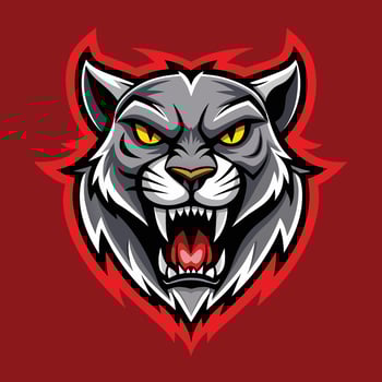 A close-up view of a gray and red tigers face with piercing yellow eyes, Ferocious Undead Feline, Zombie Cougar Mascot Logo Design vector