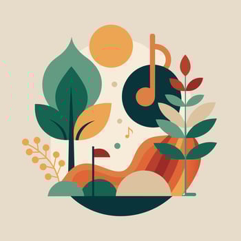 An illustration of a plant overlaid with music notes, showcasing the harmony between nature and music, Explore the connection between music and nature in a minimalist composition vector